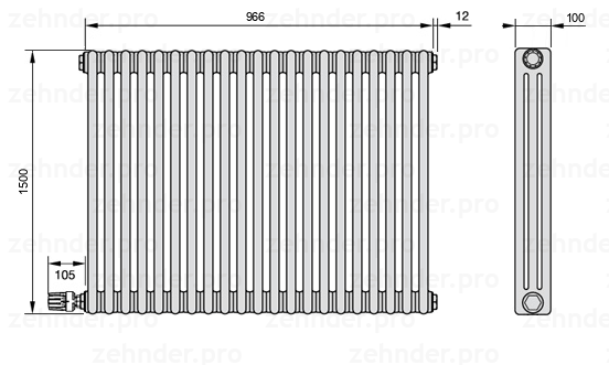 Схема (чертеж) Радиатор Zehnder Charleston 3150/21 №V004 Белый глянцевый RAL 9016